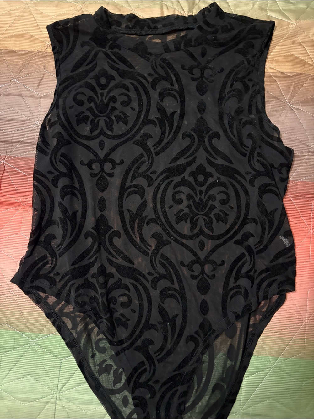 SHEIN Black Velvet Burnout Sheer Mock Neck Bodysuit